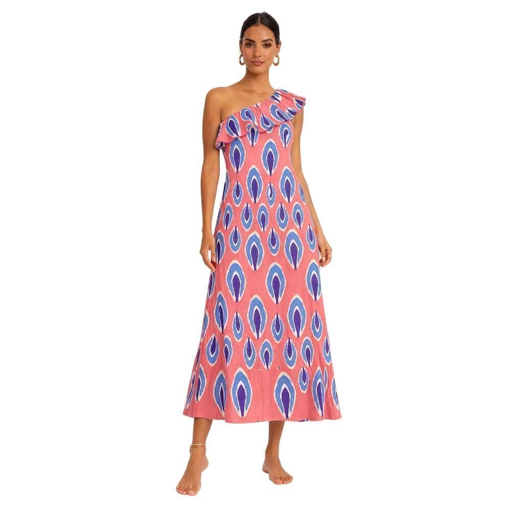 NIMO WITH LOVE Women's Ikat Print One Shoulder Linen Maxi Dress Coral Size Small